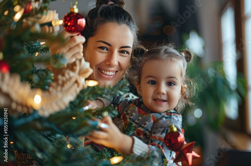 Mother And Daughter Decorating Christmas Tree