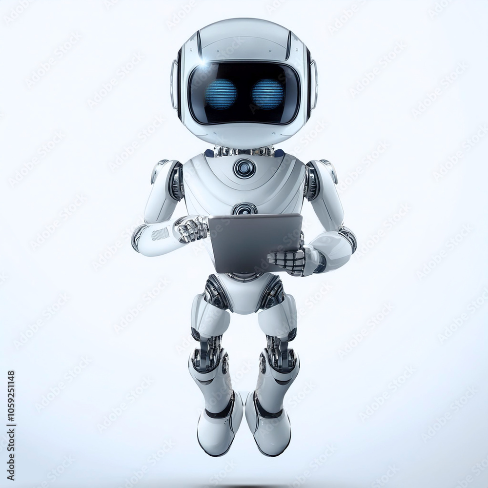 AI robot using tablet while standing facing camera floating or flying isolated white background AI robot using tablet while standing facing camera floating or flying isolated white background