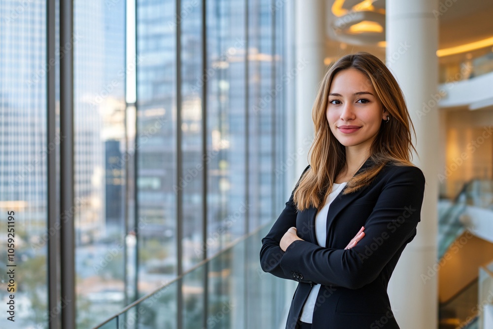 A young businesswoman standing with a confident pose in a high-rise building lobby, with large glass windows and city view 1 A young businesswoman standing with a confident pose in a high-rise building lobby, with large glass windows and city view 1