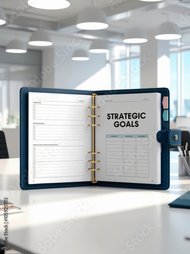 Strategic goals planner in modern office setting, promoting productivity