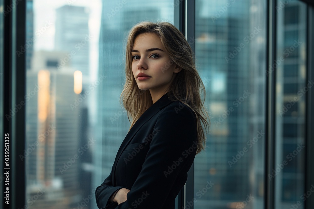 A young businesswoman in a sleek black suit, confidently standing by a large office window with city skyline 1 A young businesswoman in a sleek black suit, confidently standing by a large office window with city skyline 1