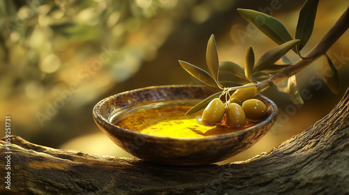 Olives and Golden Olive Oil in Rustic Bowl with Branch and Green Olives, Capturing Mediterranean Essence in a Natural Setting. Image Made Using Generative AI photo