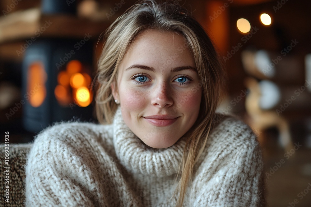 A young Swedish woman with blue eyes, wearing a cozy wool sweater, sitting by a fireplace, warm indoor light 6 A young Swedish woman with blue eyes, wearing a cozy wool sweater, sitting by a fireplace, warm indoor light 6