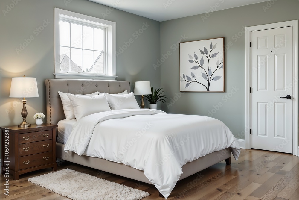 A cozy bedroom with a comfortable bed, nightstand, lamps, and window A cozy bedroom with a comfortable bed, nightstand, lamps, and window