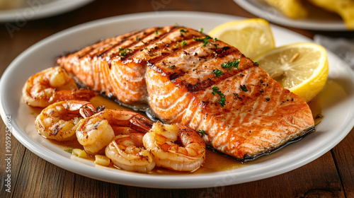 A delicious grilled salmon fillet, topped with lemon and shrimp. This seafood dish is a healthy choice.