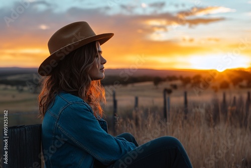 A young Australian woman with wavy hair, wearing an Akubra hat, sitting on a rustic fence, outback landscape, golden hour 1 photo