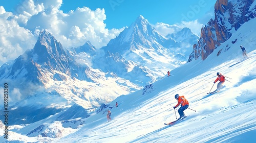 Skiing adventure in majestic snow-capped mountains under brilliant skies