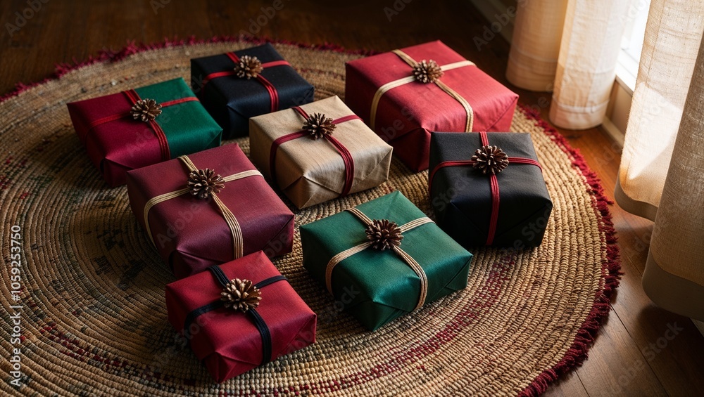 Festively wrapped gift boxes with ribbons arranged on a natural fiber carpet near a window
Festively wrapped gift boxes with ribbons arranged on a natural fiber carpet near a window