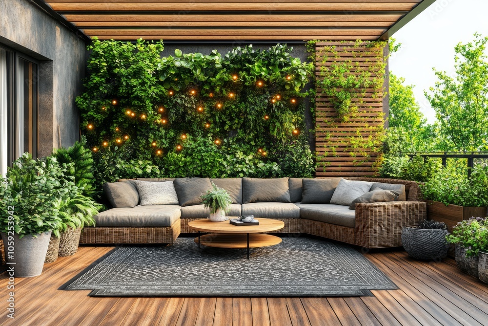 Modern Balcony Design with Green Wall  Sofa  and String Lights