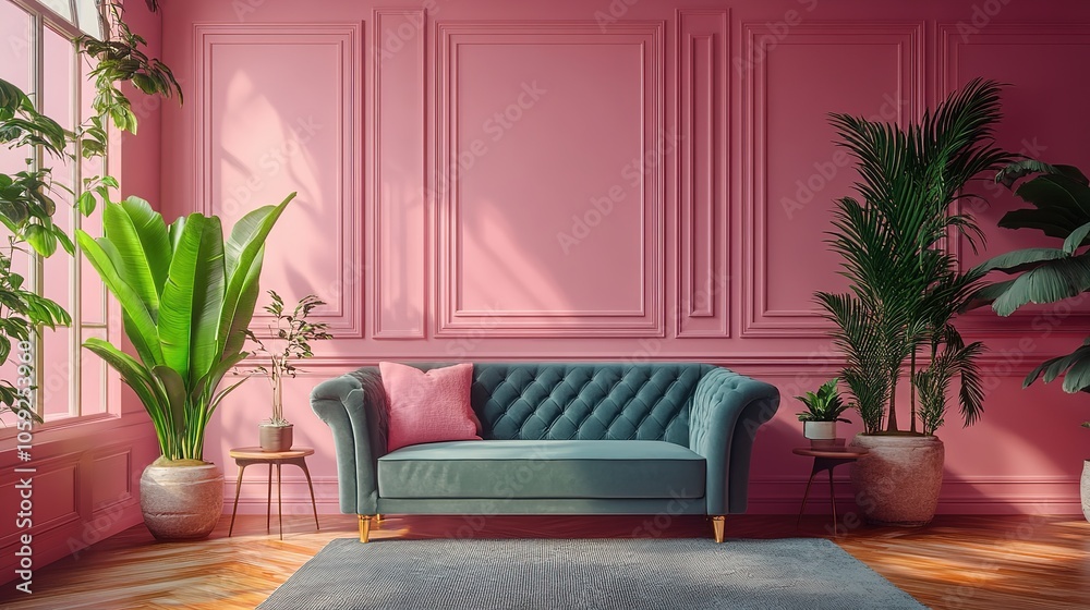 Obraz premium Bedroom pink interior Art deco style with sofa and green plants 