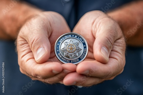 Police officer holding a silver badge with department insignia, symbolizing security and authority, capturing the trust and respect associated with law enforcement badges