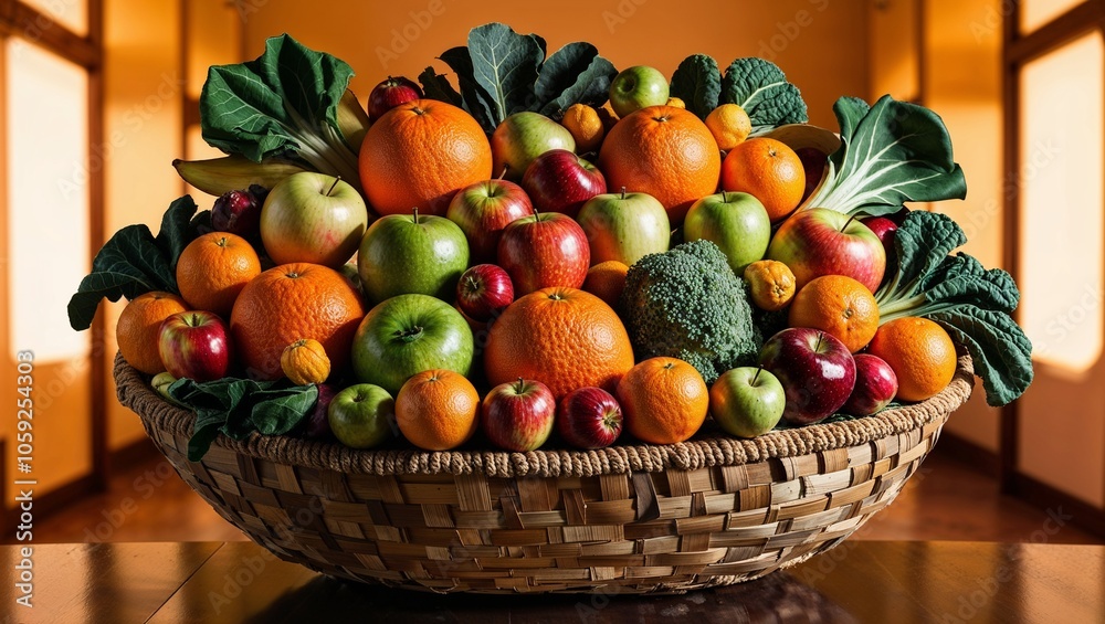 Bountiful fruit and vegetable basket filled with colorful produce in a warm interior