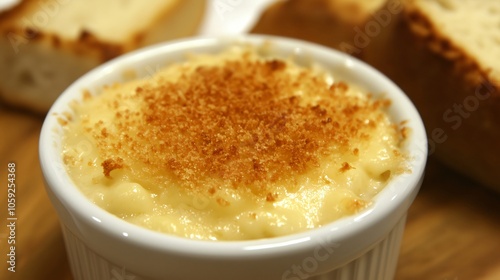 Creamy mac and cheese topped with breadcrumbs in a ramekin