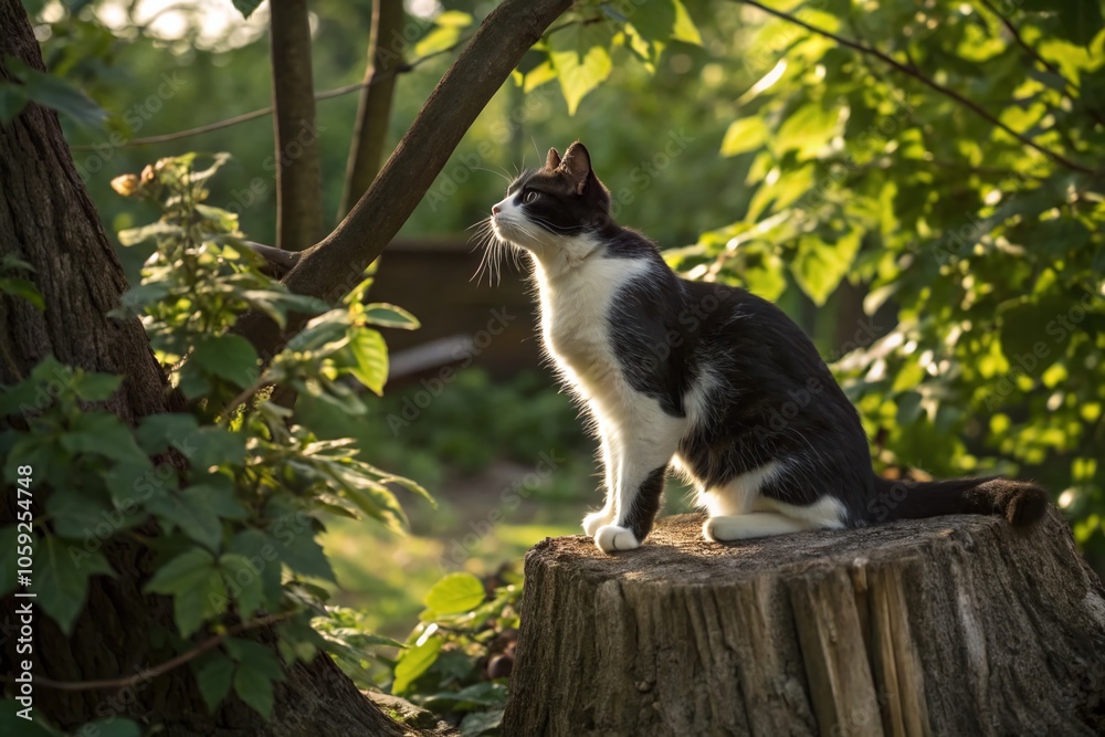 Obraz premium Black and White Cat on Tree Stump in Nature - HDR Photography
