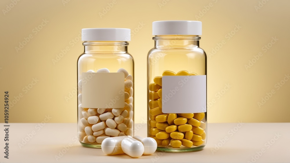 Assorted vitamin capsules in transparent bottles on a yellow background Assorted vitamin capsules in transparent bottles on a yellow background