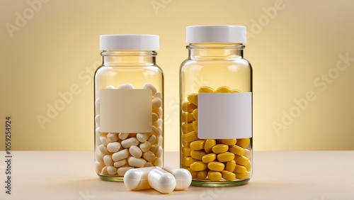 Assorted vitamin capsules in transparent bottles on a yellow background