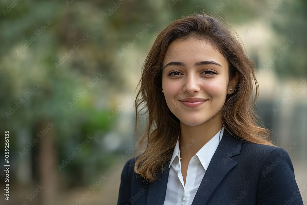 A young Algerian woman with a confident smile, wearing a business suit, standing in an urban setting, overcast day 4 A young Algerian woman with a confident smile, wearing a business suit, standing in an urban setting, overcast day 4