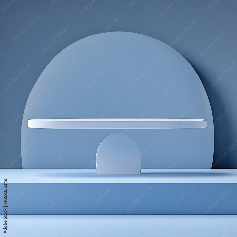 A 3D podium white rectangular table is balanced on the edge of an angled blue platform, in a minimalist style, with a solid color background, studio lighting, soft light, delicate texture, high satura A 3D podium white rectangular table is balanced on the edge of an angled blue platform, in a minimalist style, with a solid color background, studio lighting, soft light, delicate texture, high satura