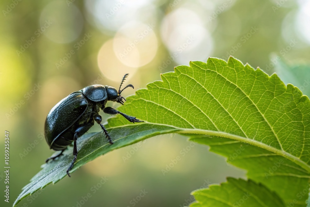 Black Beetle on Leaf with Copy Space for Nature Photography and Insect Studies