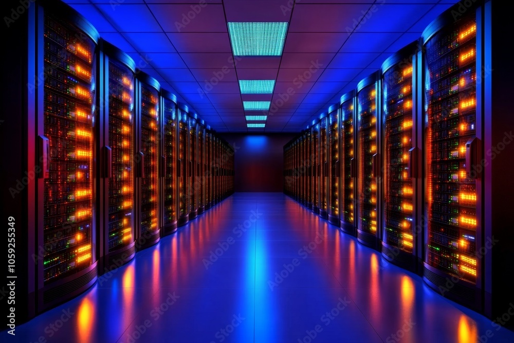 Technicians in a brightly lit server room filled with neatly arranged server racks, capturing the clean and structured environment of a data warehouse, symbolizing organization and capacity Technicians in a brightly lit server room filled with neatly arranged server racks, capturing the clean and structured environment of a data warehouse, symbolizing organization and capacity