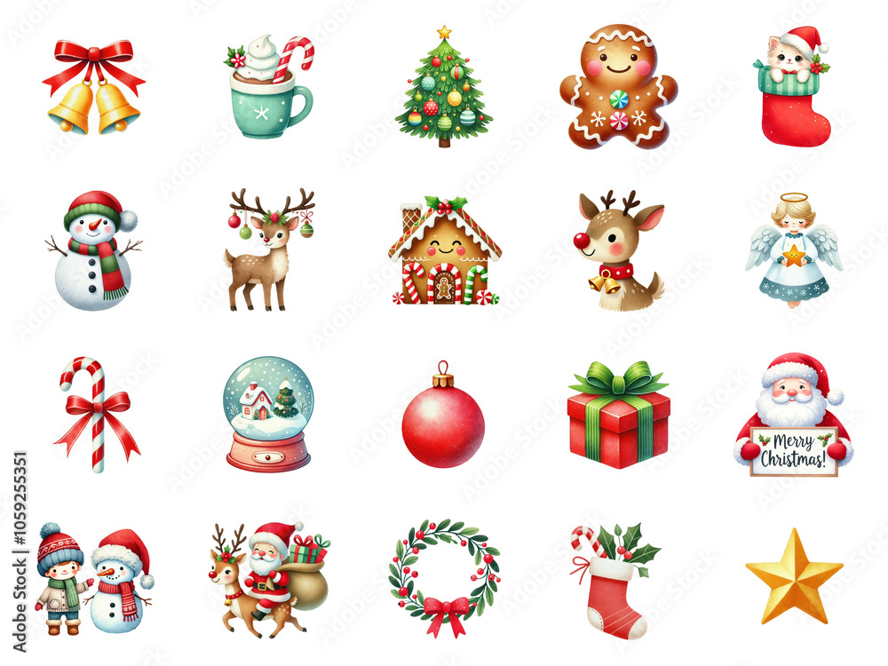 Naklejka premium A collection of christmas-themed watercolor illustrations featuring Santa, reindeer, snowmen, and holiday decorations.