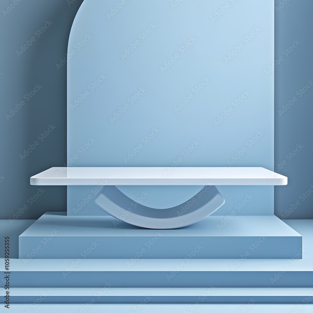 A 3D podium white rectangular table is balanced on the edge of an angled blue platform, in a minimalist style, with a solid color background, studio lighting, soft light, delicate texture, high satura A 3D podium white rectangular table is balanced on the edge of an angled blue platform, in a minimalist style, with a solid color background, studio lighting, soft light, delicate texture, high satura
