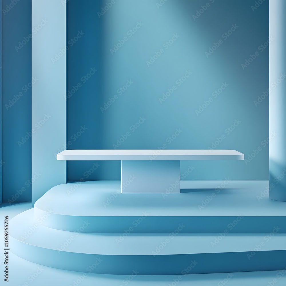 A 3D podium white rectangular table is balanced on the edge of an angled blue platform, in a minimalist style, with a solid color background, studio lighting, soft light, delicate texture, high satura A 3D podium white rectangular table is balanced on the edge of an angled blue platform, in a minimalist style, with a solid color background, studio lighting, soft light, delicate texture, high satura
