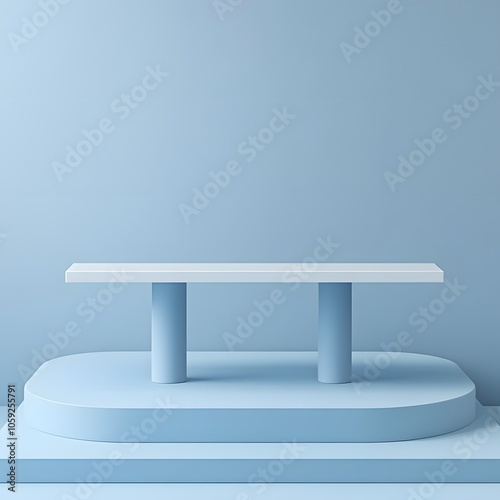 A 3D podium white rectangular table is balanced on the edge of an angled blue platform, in a minimalist style, with a solid color background, studio lighting, soft light, delicate texture, high satura