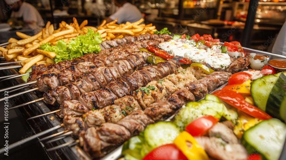 Restaurant chef preparing delicious mixed grilled meat skewers and french fries Restaurant chef preparing delicious mixed grilled meat skewers and french fries