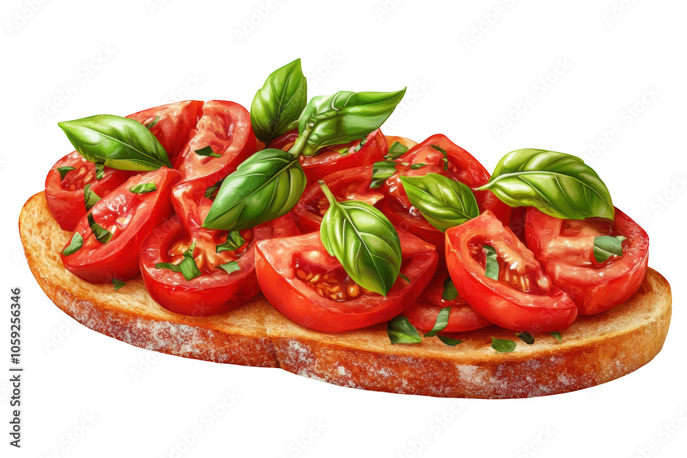 Bruschetta with tomatoes and basil, PNG isolated on transparent background, white background. Bruschetta with tomatoes and basil, PNG isolated on transparent background, white background.