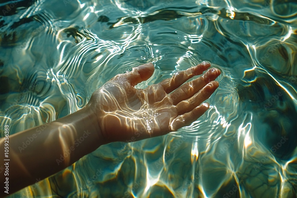Fototapeta premium A person’s hand gently touching a surface of clear water, ripples forming, sunlight reflecting, high contrast 1