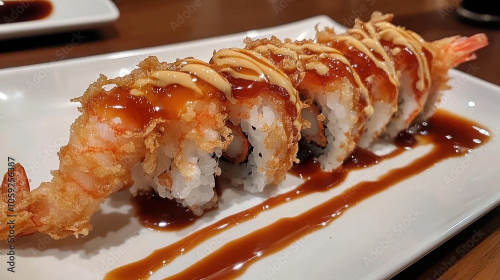 Shrimp tempura sushi roll, crispy and golden, drizzled with spicy sauce, served on a clean Shrimp tempura sushi roll, crispy and golden, drizzled with spicy sauce, served on a clean