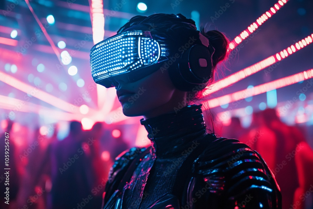 A person wearing a futuristic outfit, surrounded by laser lights and a packed dance floor, capturing the vibrant atmosphere 3 A person wearing a futuristic outfit, surrounded by laser lights and a packed dance floor, capturing the vibrant atmosphere 3