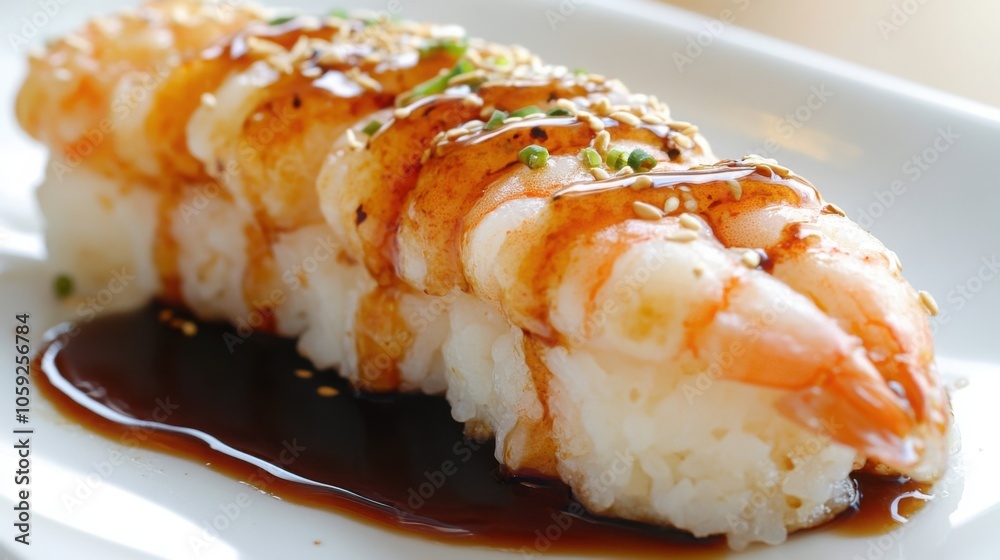 Shrimp tempura sushi roll, crispy and golden, drizzled with spicy sauce, served on a clean Shrimp tempura sushi roll, crispy and golden, drizzled with spicy sauce, served on a clean