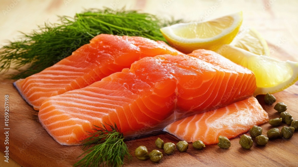 Smoked salmon slices on a wooden board with dill, lemon wedges, and capers Smoked salmon slices on a wooden board with dill, lemon wedges, and capers