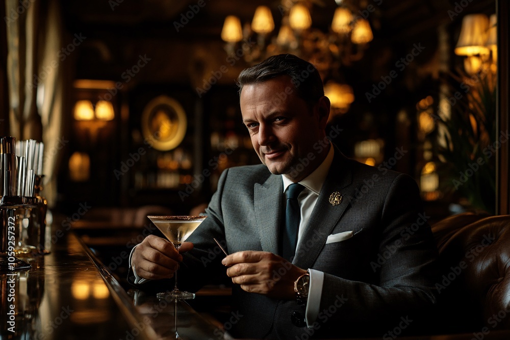 A man in a suit enjoying a martini in a high-end cocktail bar, dim lighting and elegant decor 1 A man in a suit enjoying a martini in a high-end cocktail bar, dim lighting and elegant decor 1