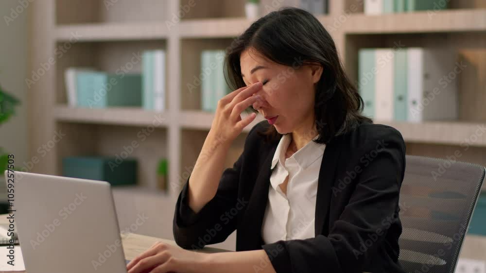 Asian businesswoman business girl work laptop computer at office chinese japanese female feel headache tired exhausted overworked Korean woman suffer health problem blurry eyesight itchy eyes strain Asian businesswoman business girl work laptop computer at office chinese japanese female feel headache tired exhausted overworked Korean woman suffer health problem blurry eyesight itchy eyes strain