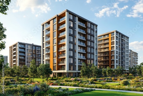 Modern Apartment Buildings with Green Landscaping and Blue Sky
