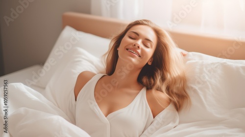 A woman lies relaxed in bed, basking in morning light with a gentle smile, capturing serenity and contentment.