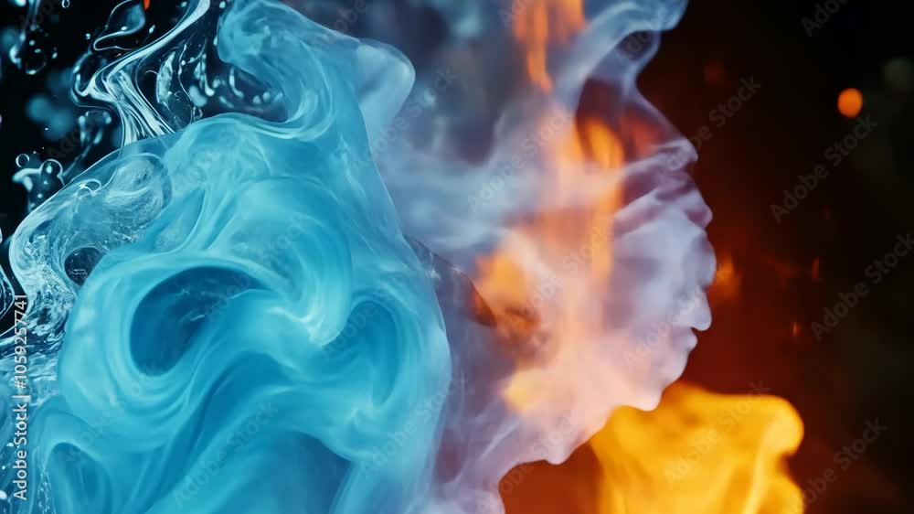 Blue and orange smoke swirl together against a black background, creating an abstract and visually striking contrast Blue and orange smoke swirl together against a black background, creating an abstract and visually striking contrast