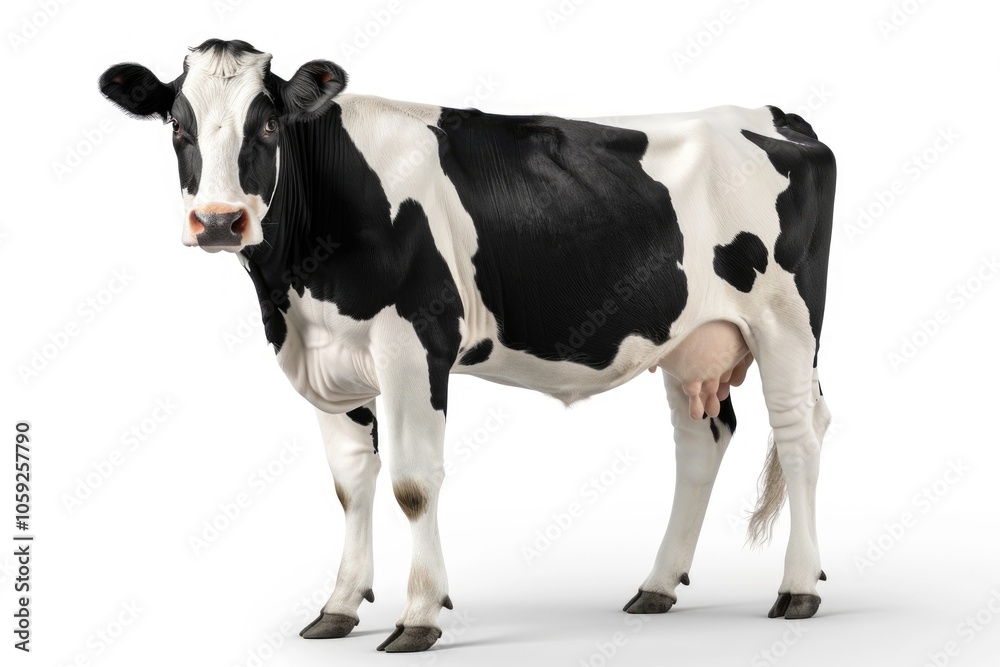 Black and white cow isolated standing upright full length view Black and white cow isolated standing upright full length view