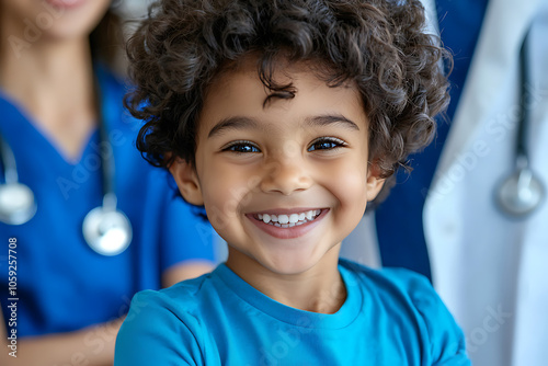 A smiling child in a medical clinic ready for flu shots ensuring safety and health for kids