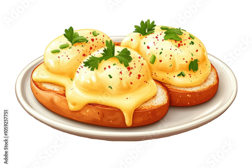 Eggs Benedict with hollandaise sauce, PNG isolated on transparent background, white background.