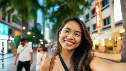 A cheerful filipina woman smiling and having a great time in front of the camera at the city center