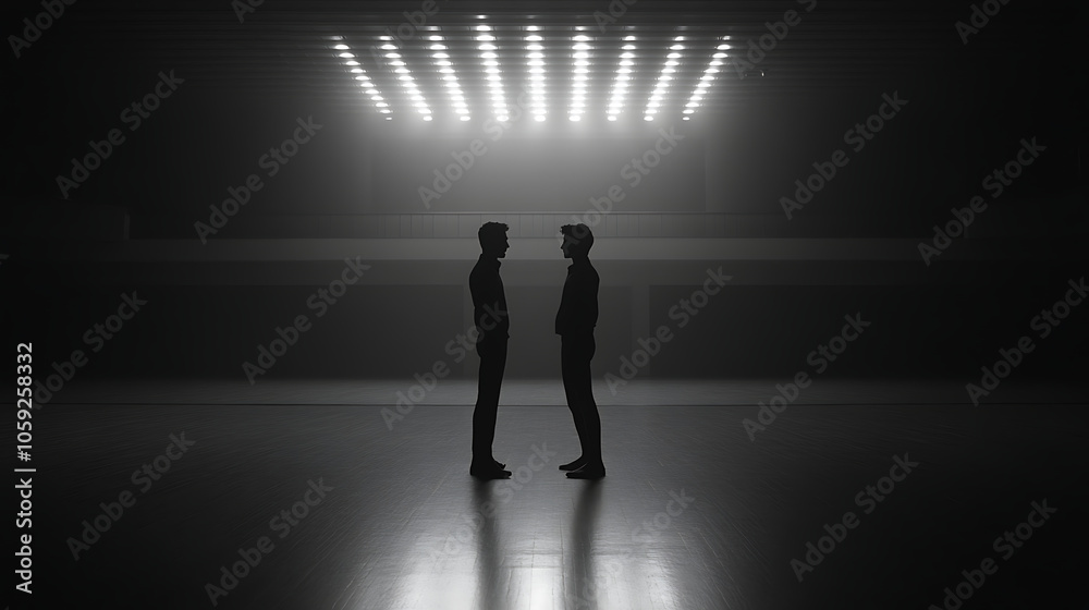 Two dancers in silhouette facing each other under bright lights, creating dramatic atmosphere. tension is palpable as they engage in heated argument Two dancers in silhouette facing each other under bright lights, creating dramatic atmosphere. tension is palpable as they engage in heated argument