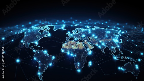 A world map digitally lit with interconnected nodes illustrates the concept of global communication and business strategy in a vibrant blue hue.