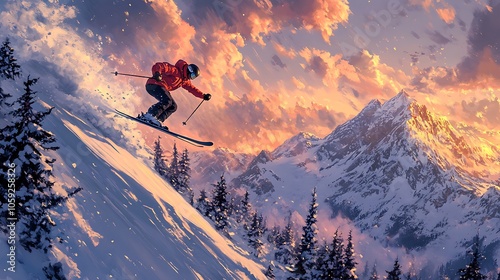 Wallpaper Mural Thrilling ski adventure amidst majestic mountain landscape at sunset Torontodigital.ca