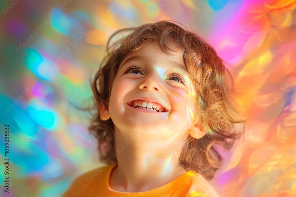 A child smiling broadly against a vibrant, multicolored abstract background, bright light, front view 3 A child smiling broadly against a vibrant, multicolored abstract background, bright light, front view 3