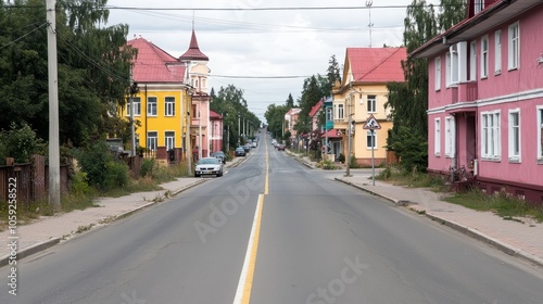 A quiet, tree-lined street in a small town with colorful houses on either side.