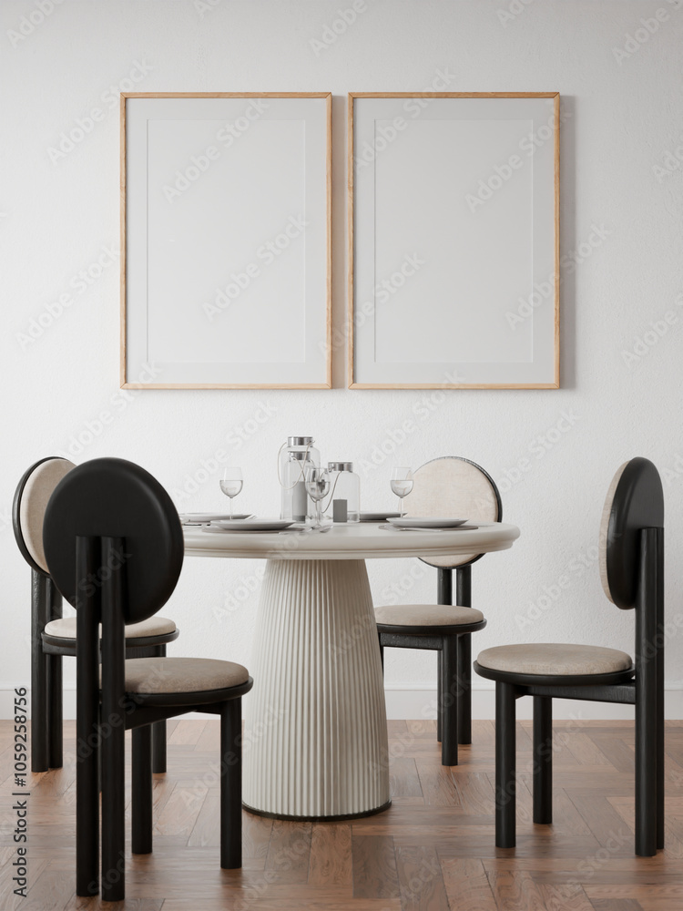 Fototapeta premium Picture frame interior, mockup frame, poster wood two frame in empty picture interior dining table cozy home room in illustration 3d render